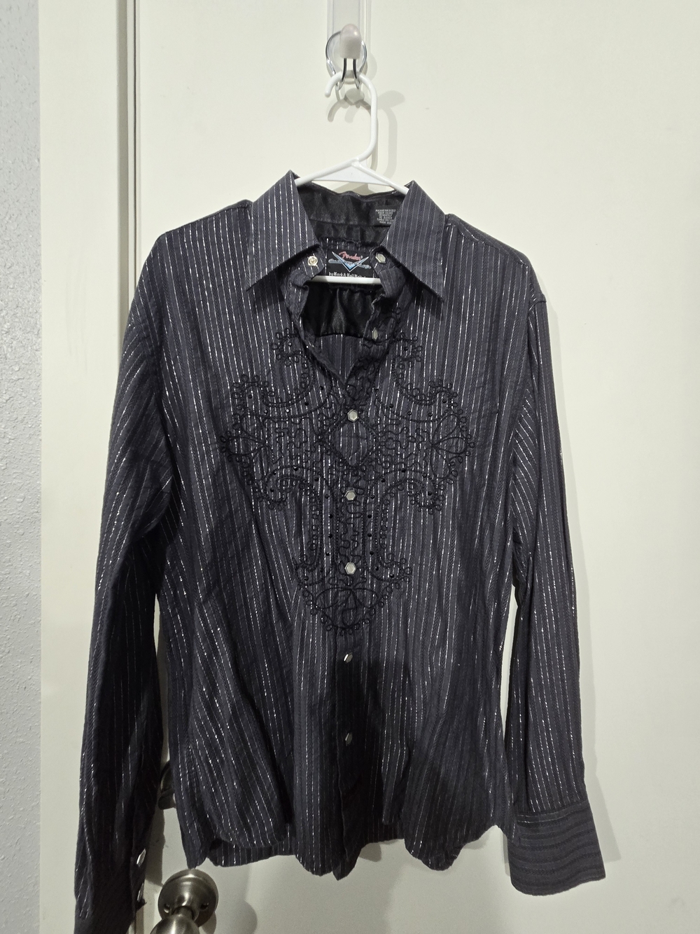 Men's Fender Black Metallic Stripe Button-Up Shirt with Embroidery